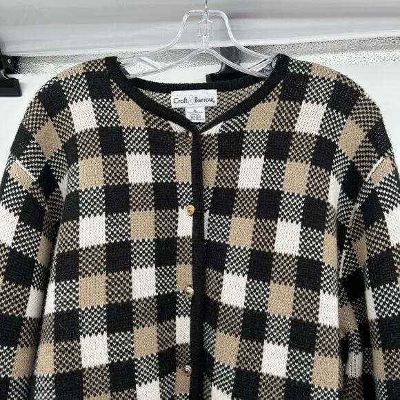 Croft & Barrow Checkered Knit Cardigan Button Up Black/Multi Size XL - Picture 2 of 8